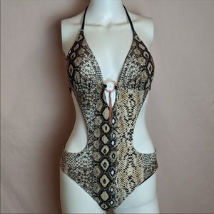 🔥New Snakeskin Plunge Neck Halter Monokini